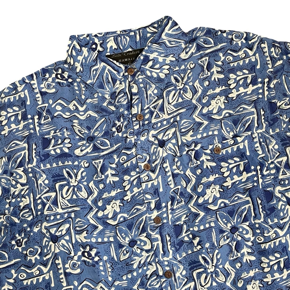 Vintage Silk Traders Hawaiian Shirt Men L Blue Silk Abstract Tribal Aloha Camp